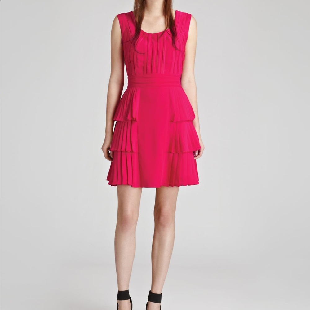 REISS Faith Tired Pleated Fuschia Pink Sleeveless Dress UK4 US 0 XS